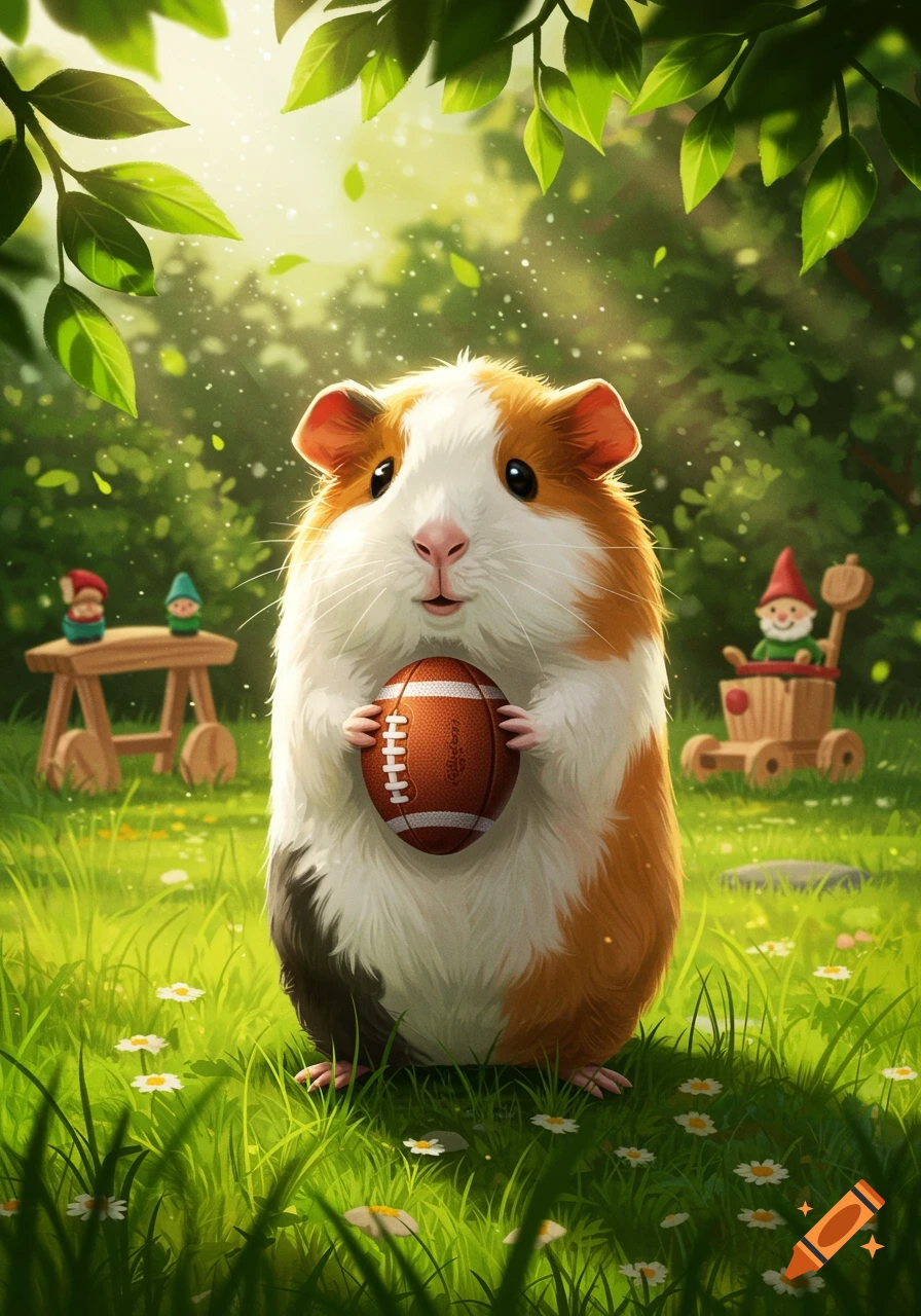 A cute guinea pig holds a football in a sunny, green forest with tiny gnomes in the background.