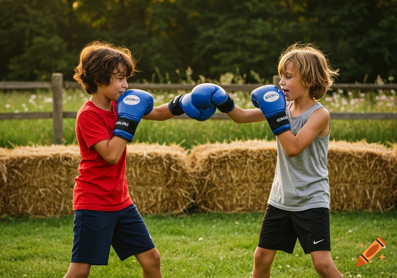 Two young boys in blue boxing gloves, seemingly sparring in a grassy outdoor area with hay bales in the background.