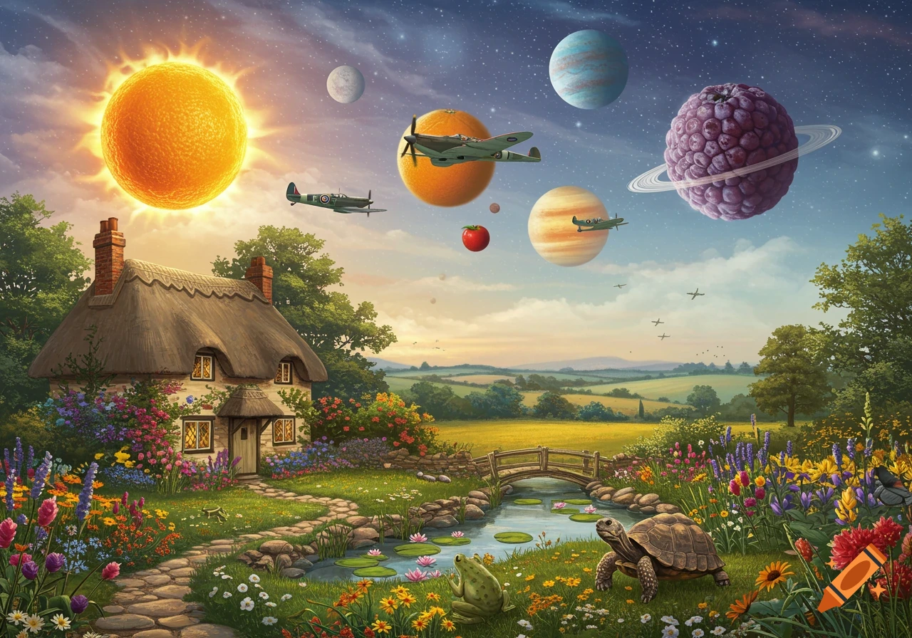 Whimsical landscape featuring a charming cottage, flowers, frog, and tortoise. The sky has an orange sun, raspberry planet, other planets, and Spitfire planes.