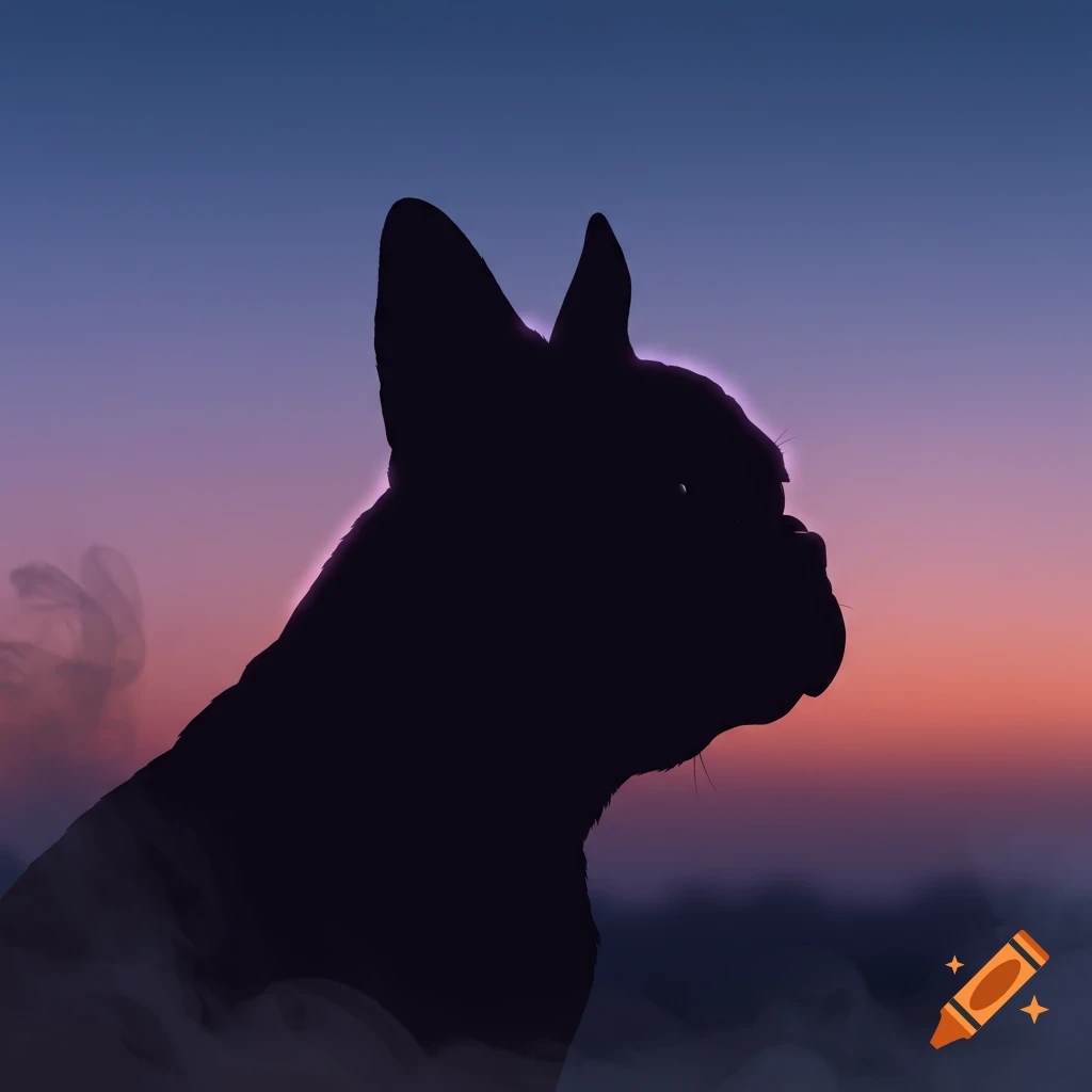Silhouette of a French bulldog against a purple and orange gradient sky with mist.