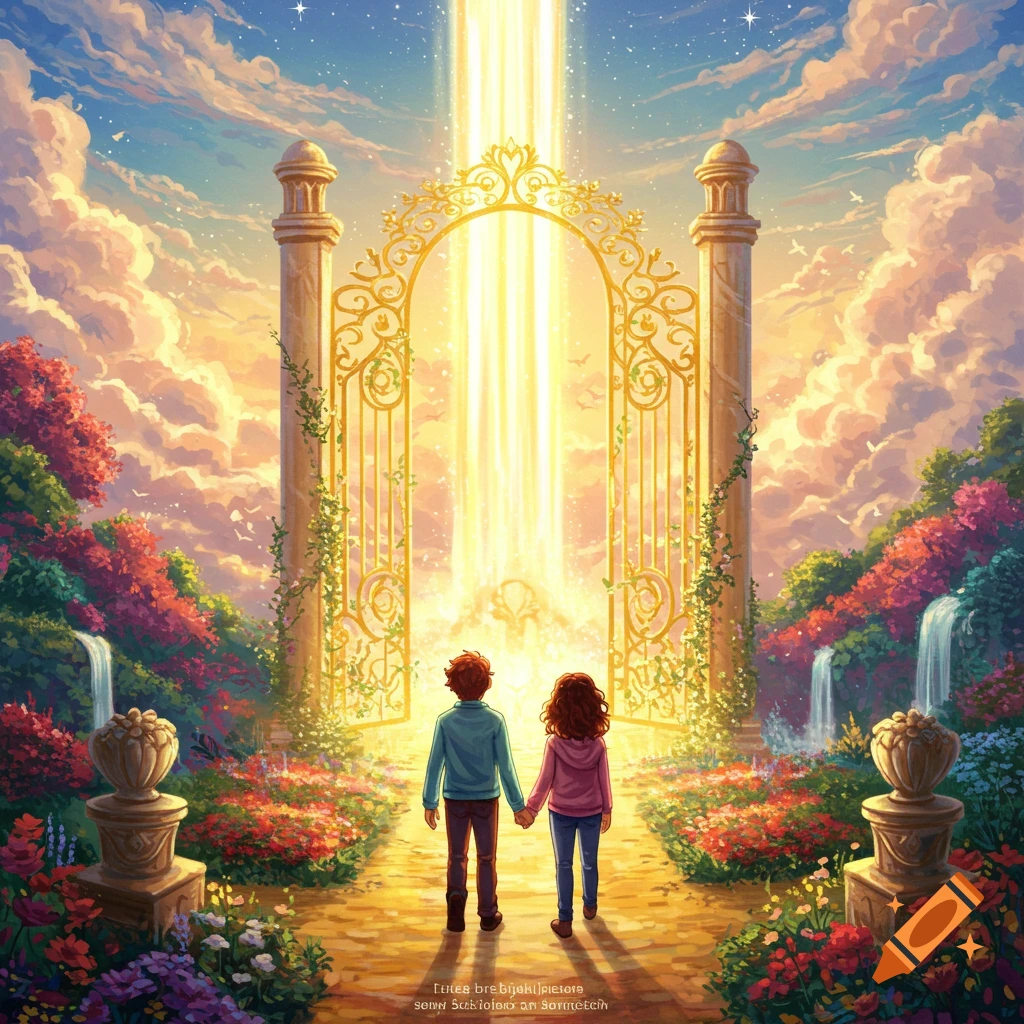 A couple holding hands walks towards a glowing golden gate in a lush, ethereal garden with waterfalls under a cloudy sky.