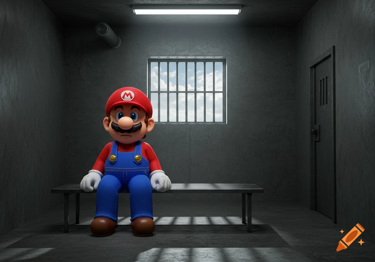 Super Mario sits sadly on a metal bench in a gloomy prison cell with a barred window and a solid door.