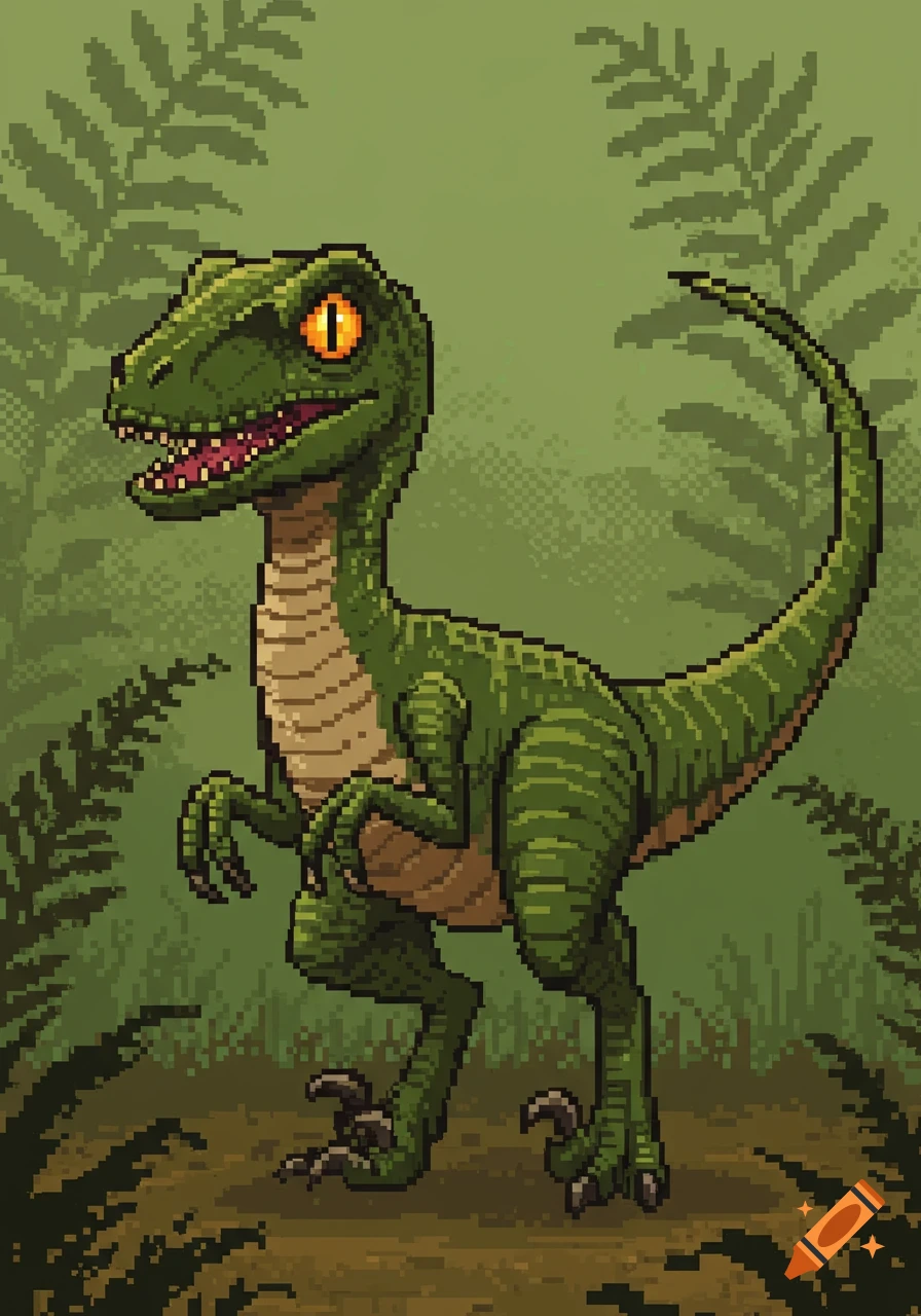 A green pixel art raptor with orange eyes stands in a jungle setting.