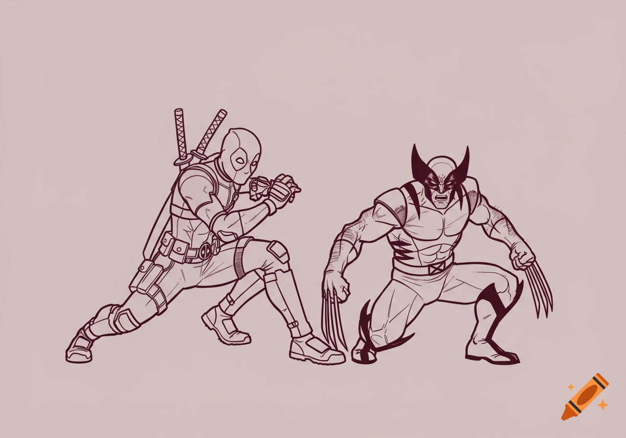 Outline drawing of Deadpool and Wolverine in ready stances on a plain background.