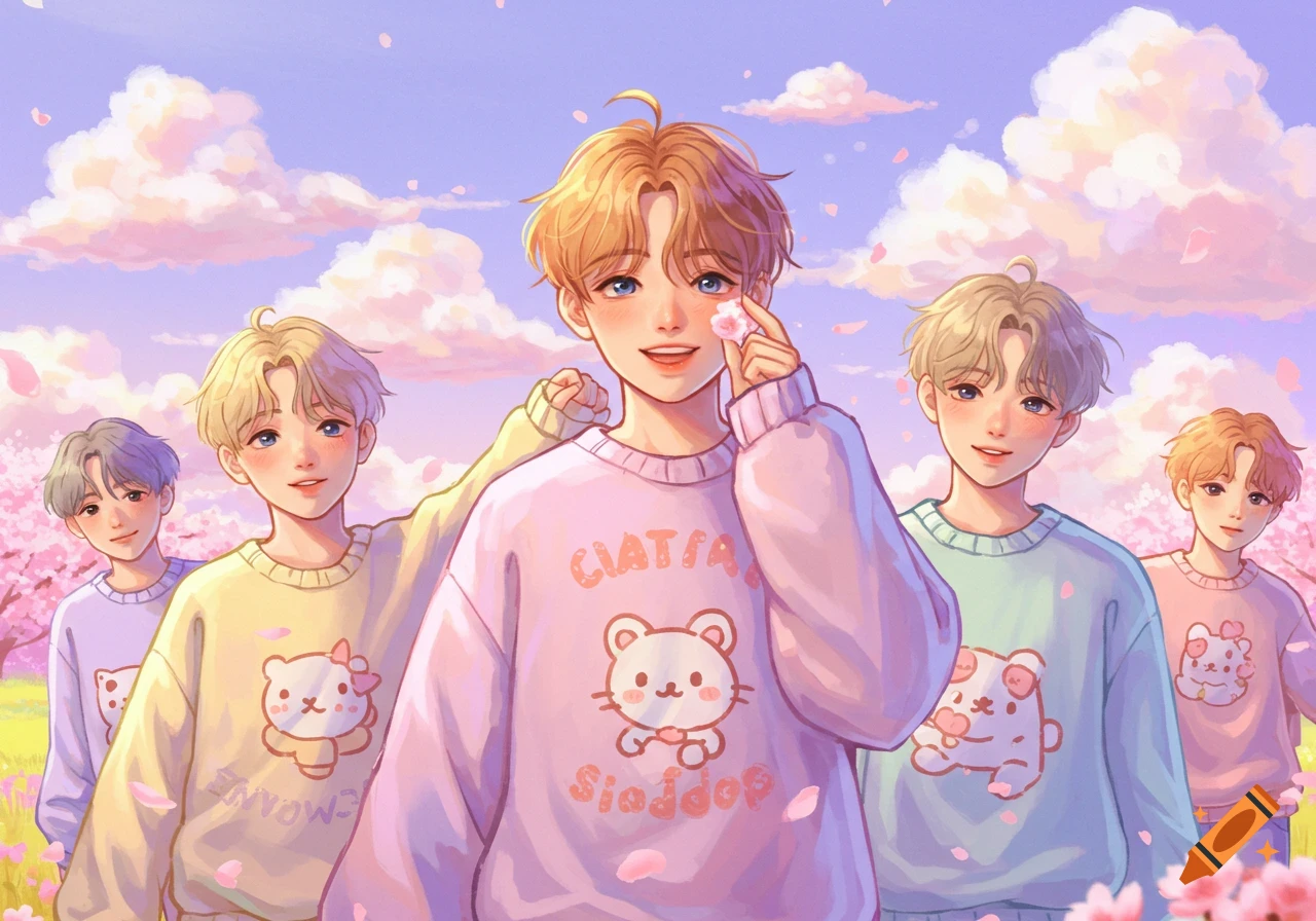 Five cute anime boys in pastel sweaters stand among cherry blossoms under a pink and purple sky.