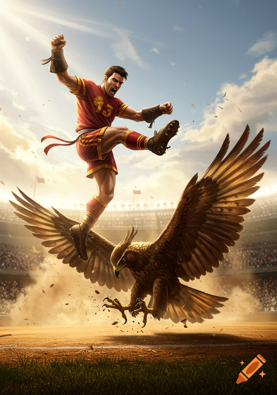 A man in a red and gold sports jersey raises his fist, kicking above a large eagle with outstretched wings in a stadium.