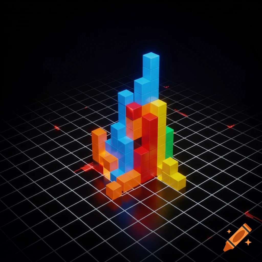 Colorful 3D blocks resembling a Tetris structure stacked on a dark grid, with neon red lines.
