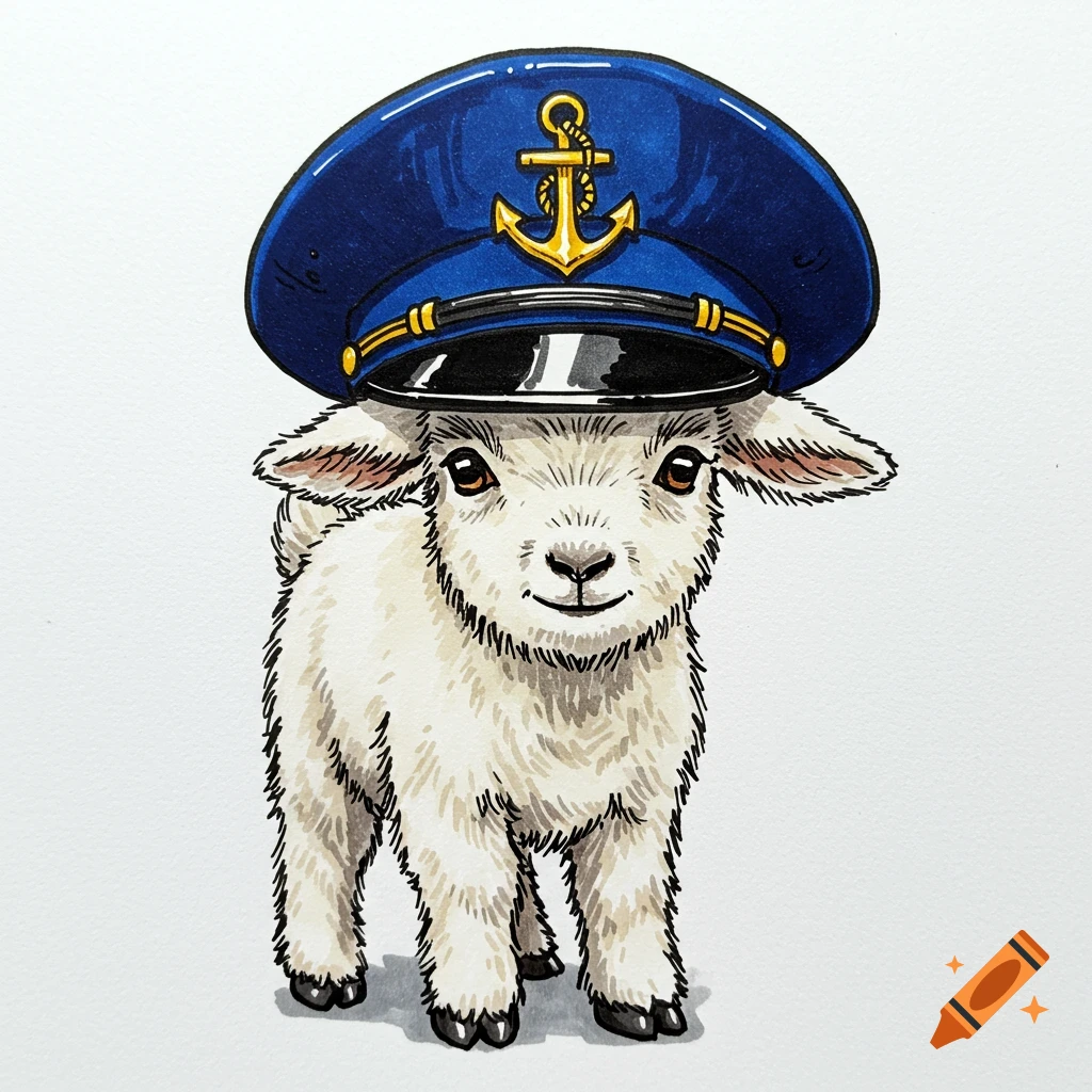 A cute marker drawing of a baby goat wearing a blue navy chief hat with a golden anchor on a white background.