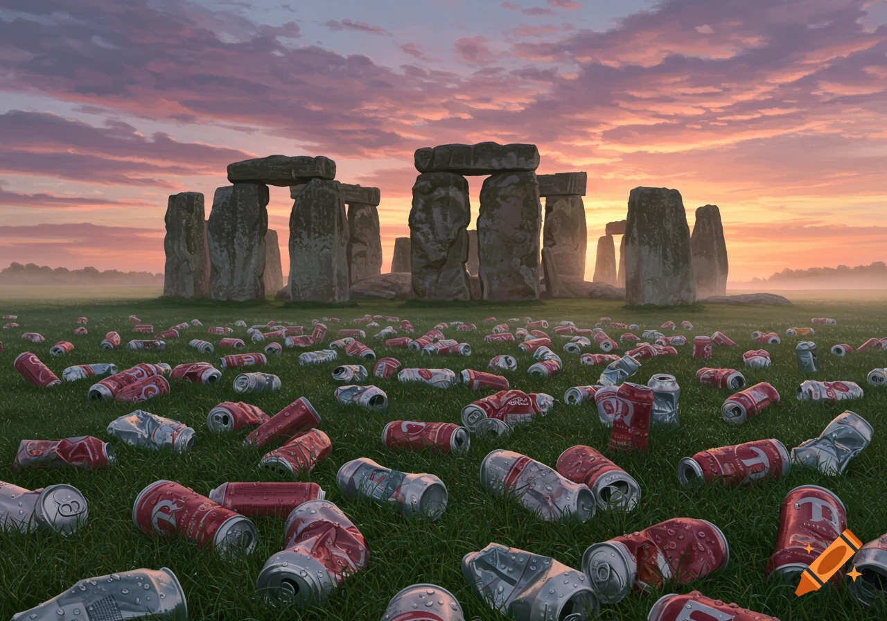 A vast green field littered with discarded red and silver beer cans, with Stonehenge visible in the background under a vibrant sunset sky.