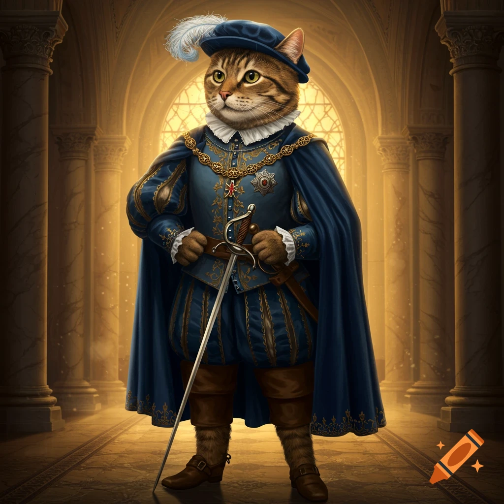 Photorealistic tabby cat prince in blue suit and cape, holding a rapier, in a grand hall.