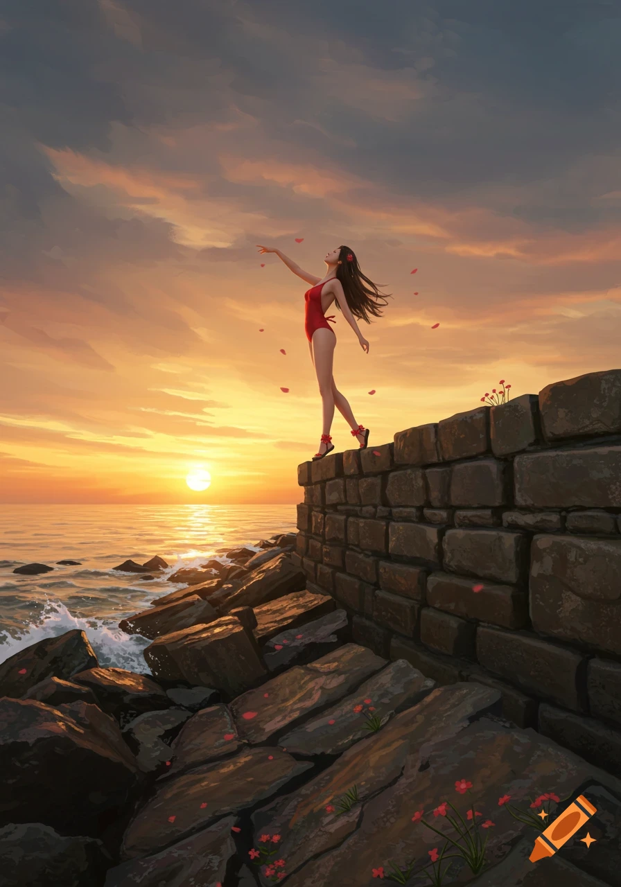 A woman in a red swimsuit stands on a rocky seawall at sunset, with red petals falling around her over the ocean.
