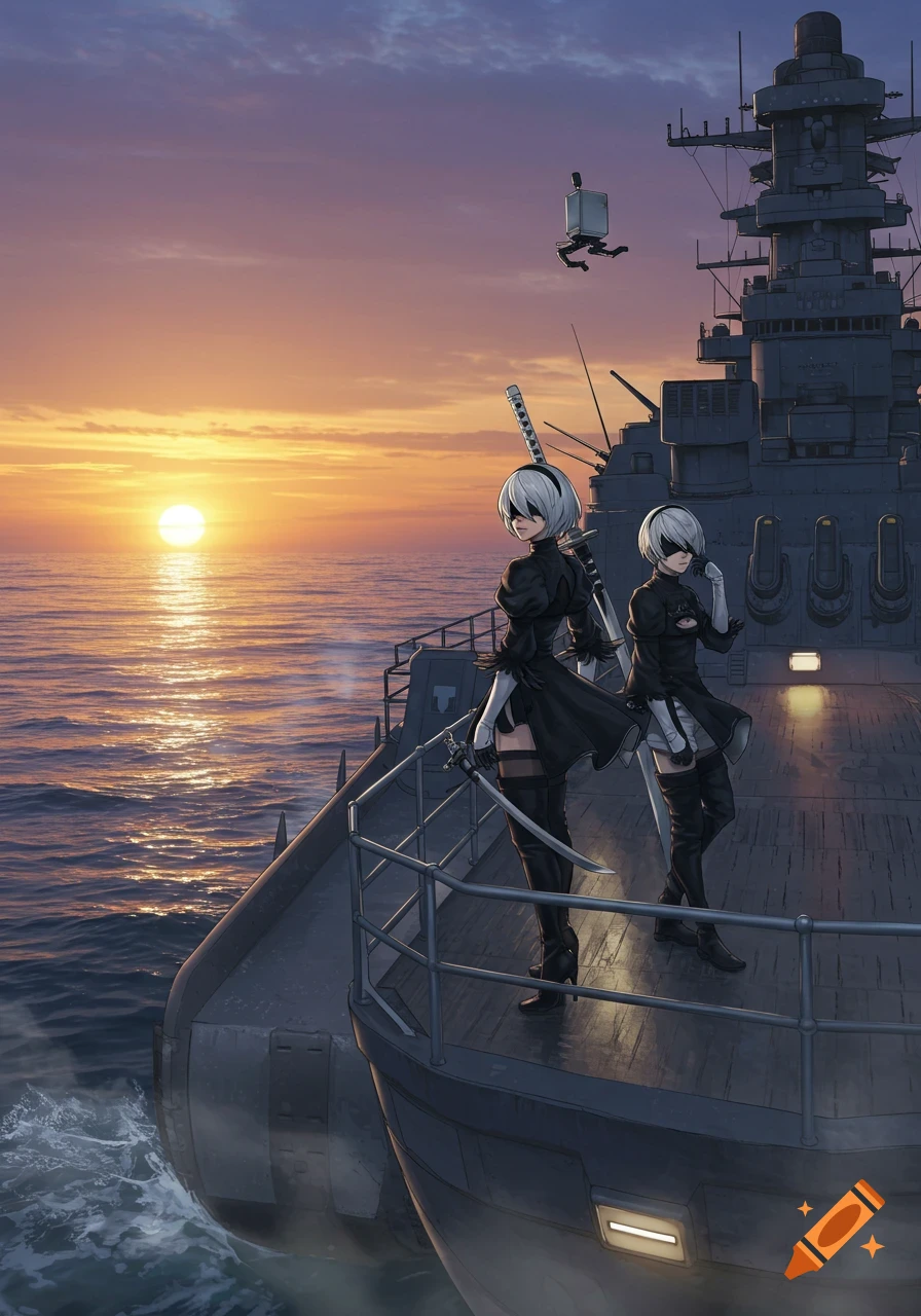Two anime-style characters resembling 2B and 9S from Nier Automata stand on a battleship deck at sunset.