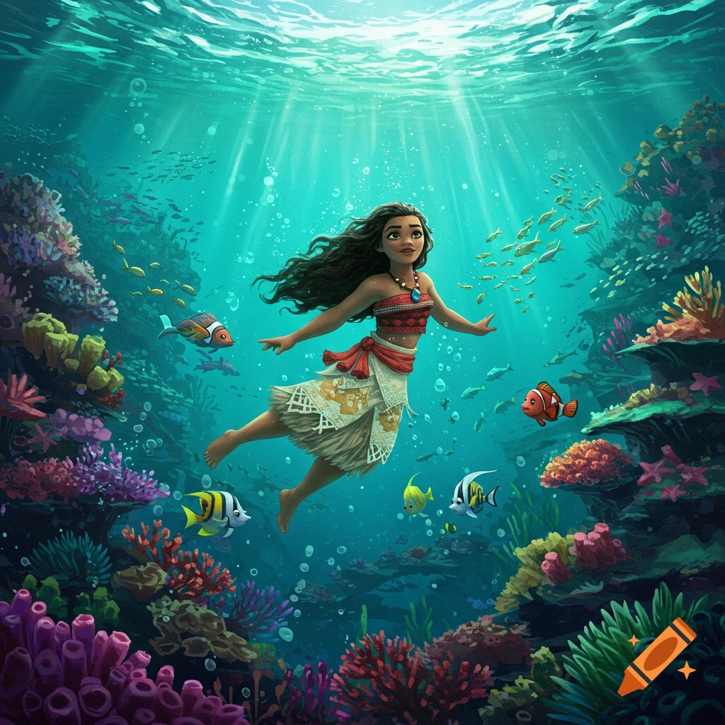 Moana swims gracefully underwater in a vibrant coral reef, surrounded by colorful fish and sunlight streaming from above.