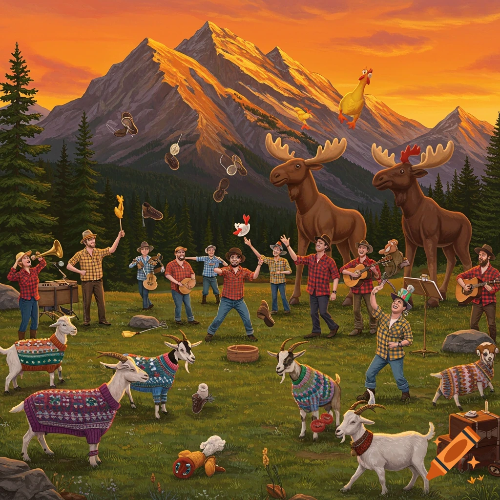 Whimsical mountain festival: people in plaid, goats in sweaters, musicians, and moose, throwing shoes and chickens at sunset.