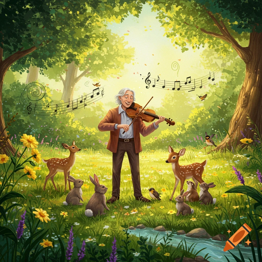 An old man with white hair plays a violin in a lush, sunny forest clearing, surrounded by deer, rabbits, and birds. Musical notes float in the air.