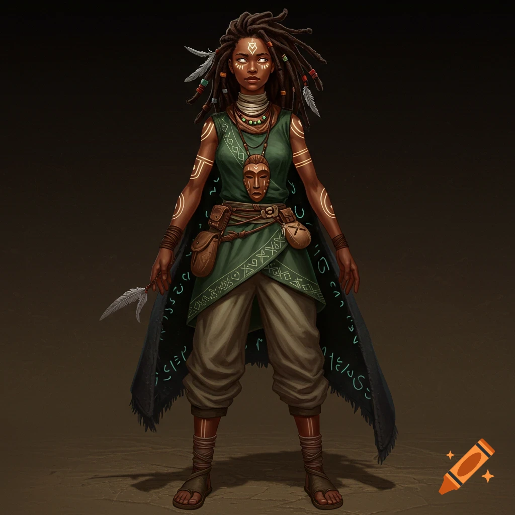 An Afro-futuristic tribal fantasy character, a young woman with dreadlocks, bright eyes, tribal tattoos, and a green tunic, holding a feather.