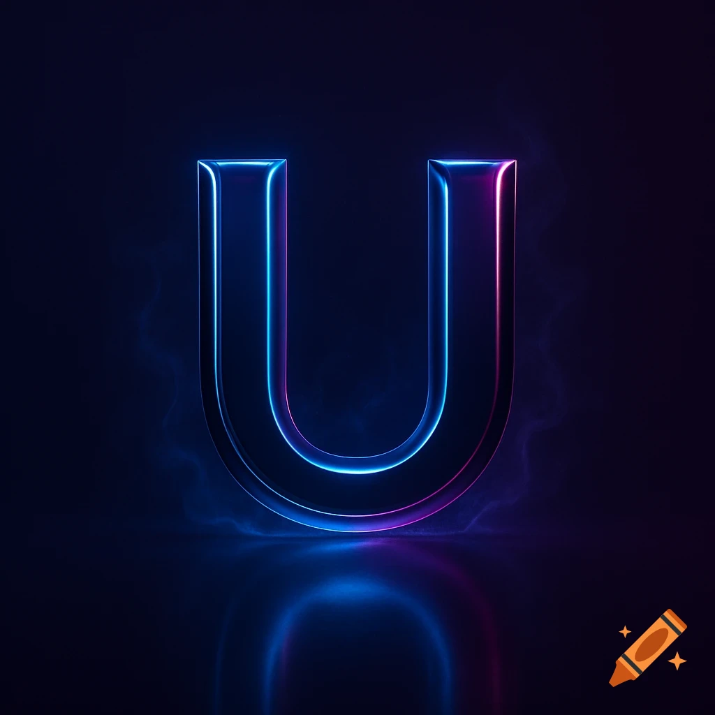 A glowing neon letter U with blue and pink light reflecting on a dark surface.