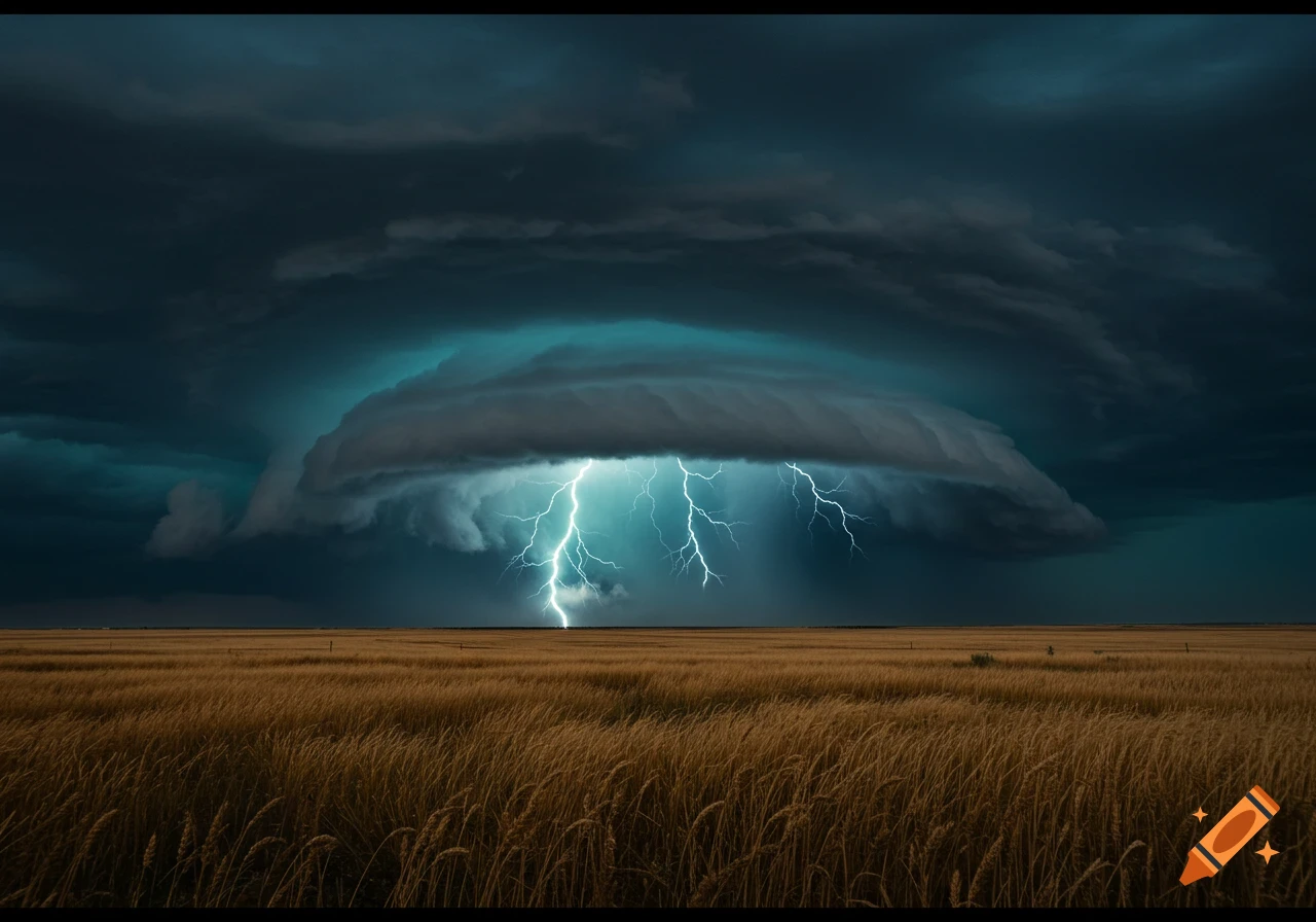 A dramatic supercell thunderstorm with multiple lightning bolts striking a golden field under dark, teal-tinged clouds.
