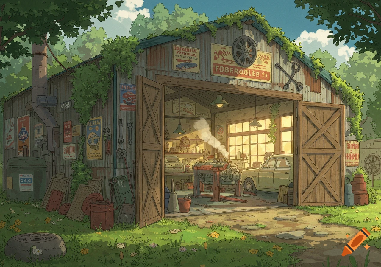 An old, overgrown auto garage with its large wooden doors open, revealing classic cars and a workshop bathed in sunlight, in a Studio Ghibli art style.