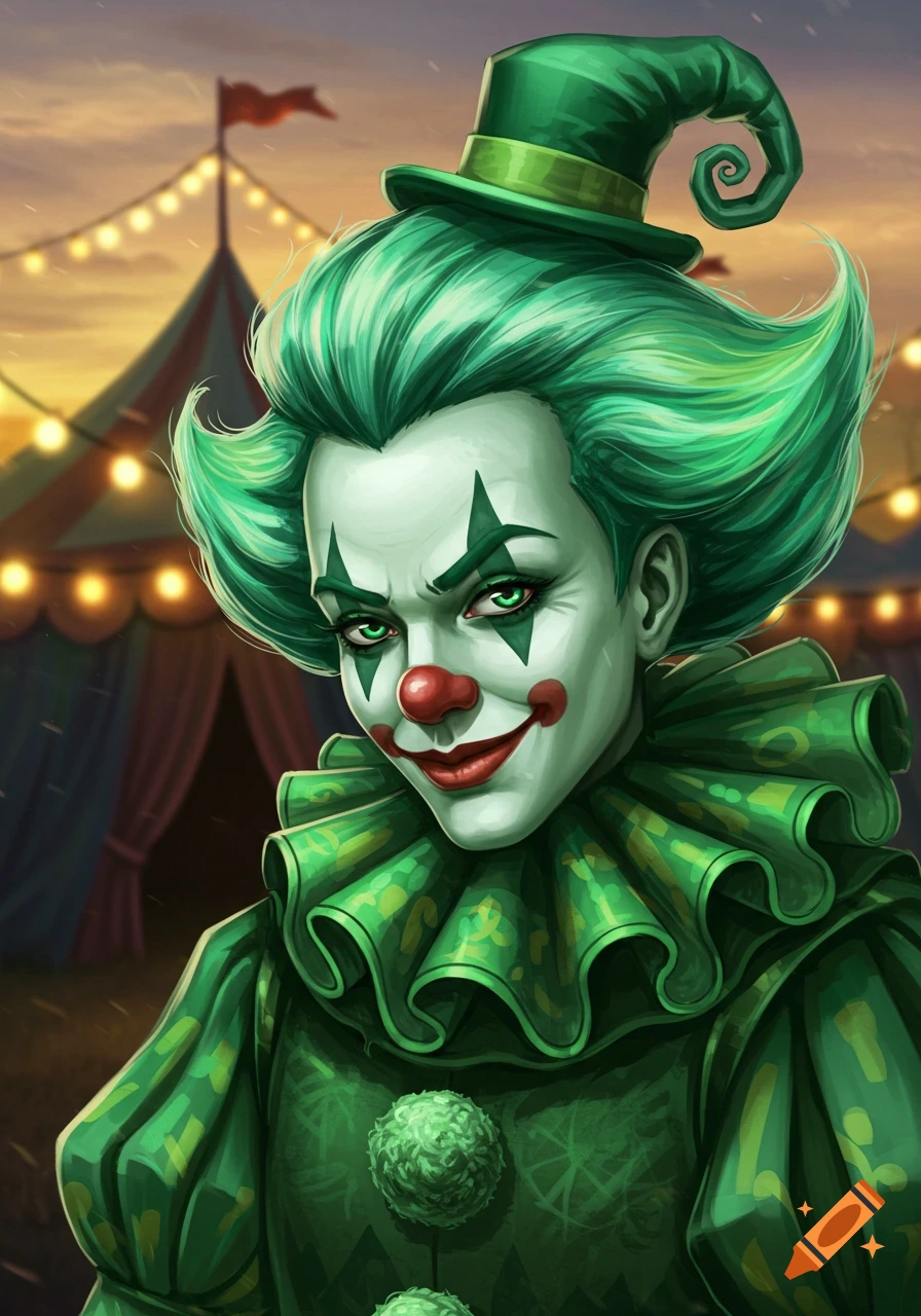 Close-up portrait of a smirking clown with bright green hair, a ruffled green costume, and a green top hat at a circus.