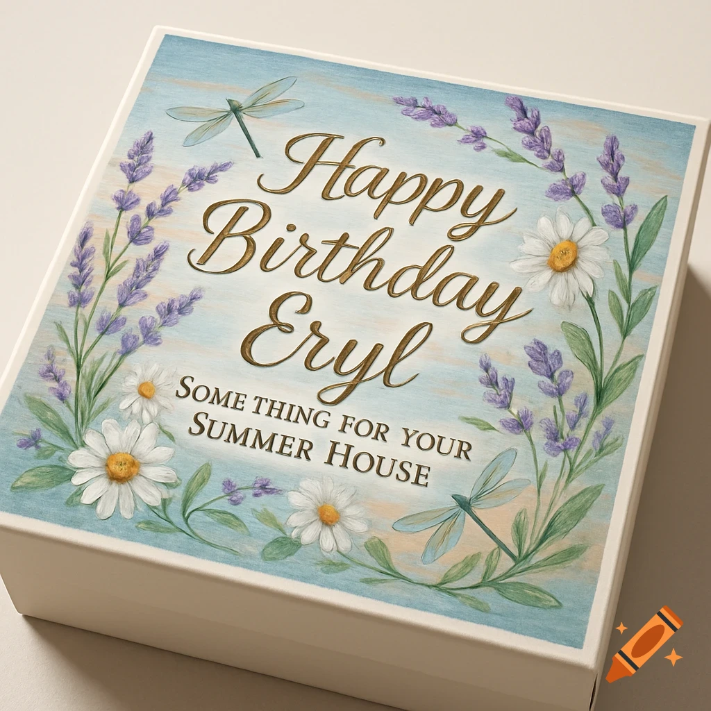 A white gift box with a lavender and daisy floral pattern label that reads 'Happy Birthday Eryl. Some THING FOR YOUR SUMMER HOUSE'.