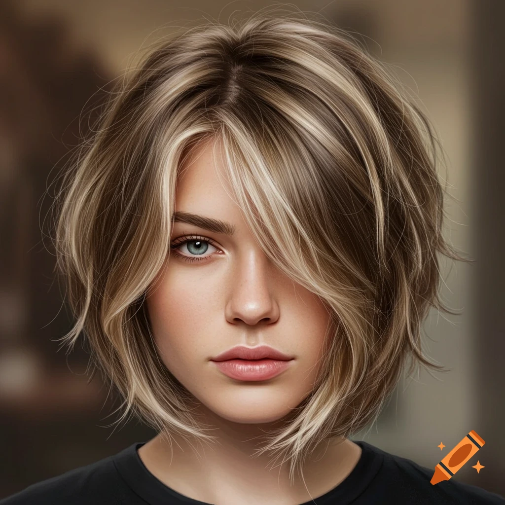Photorealistic portrait of a woman with a layered bob, medium brown hair with blonde highlights, blue eyes.