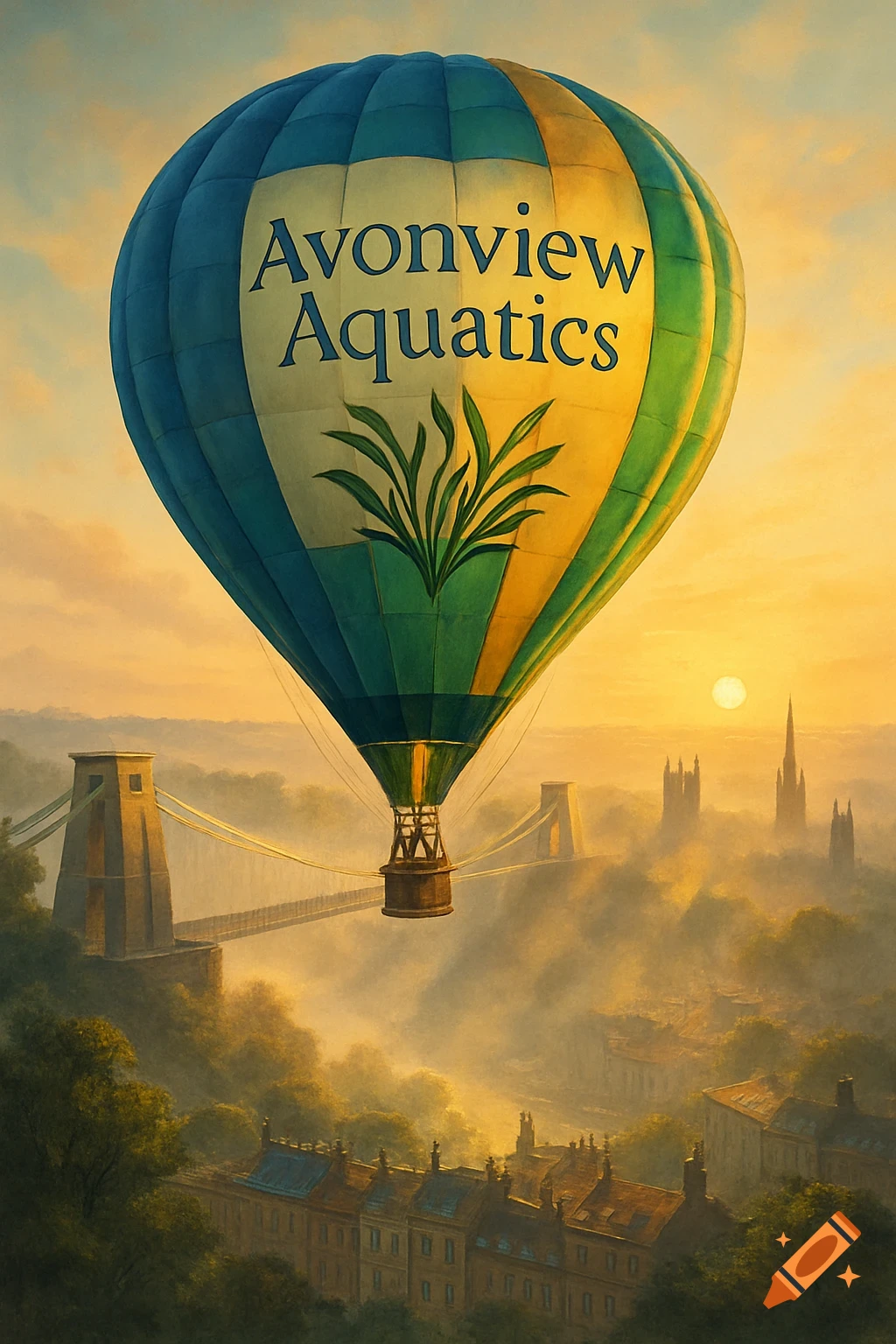A hot air balloon with "Avonview Aquatics" logo flies over Bristol, UK, with the Clifton Suspension Bridge and city buildings at sunset, in a painterly style.