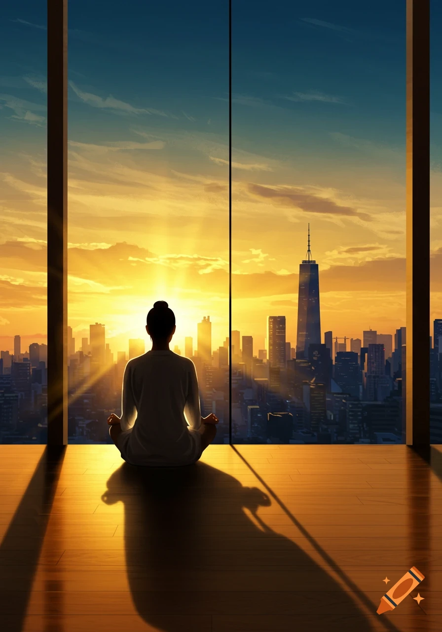A person sits in a meditative posture facing a large window, silhouetted against a bright sunset over a city skyline.