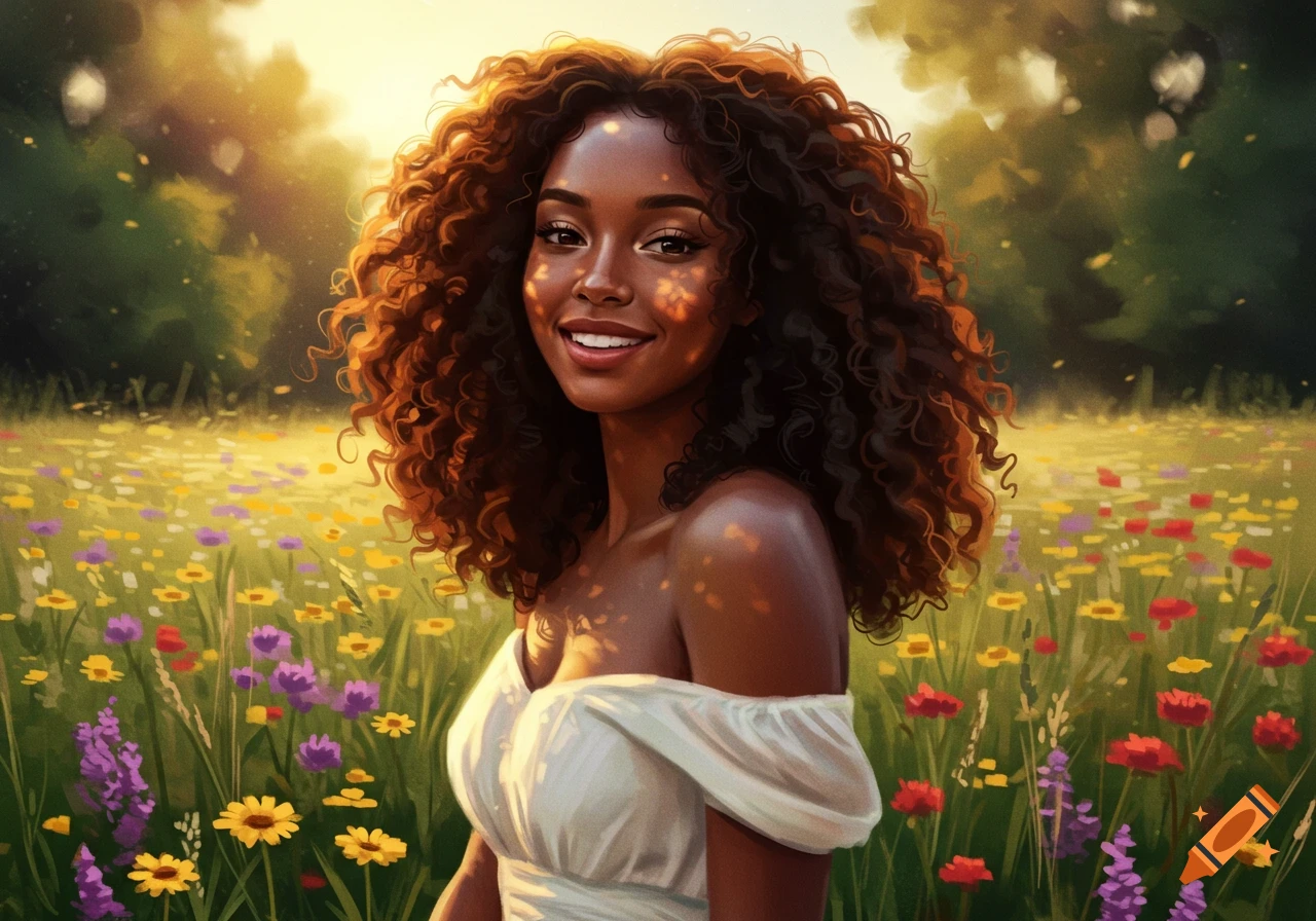A beautiful young Black woman with long curly hair smiles in a sunlit field of wildflowers.