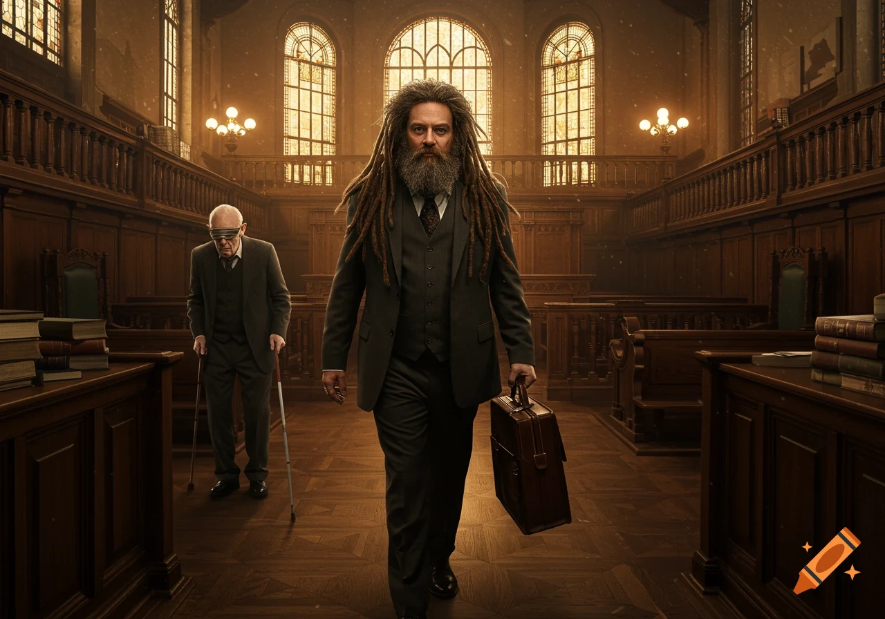 A man with a grey beard and brown dreadlocks in a suit walks through a grand courtroom, carrying a briefcase. An elderly blind man with a cane is in the background.
