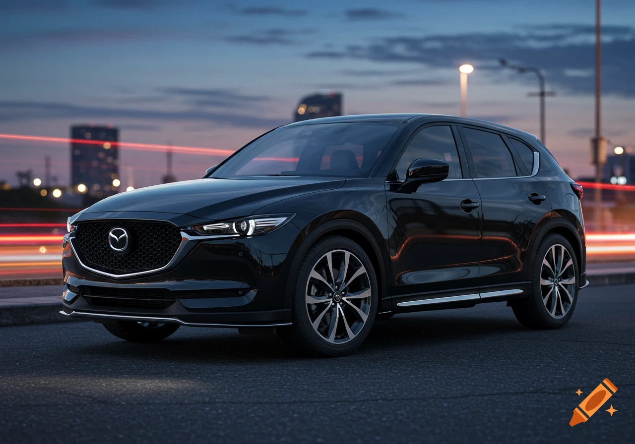 A black Mazda CX-5 SUV is parked on a street at dusk with city lights and light trails in the background, photorealistic style.