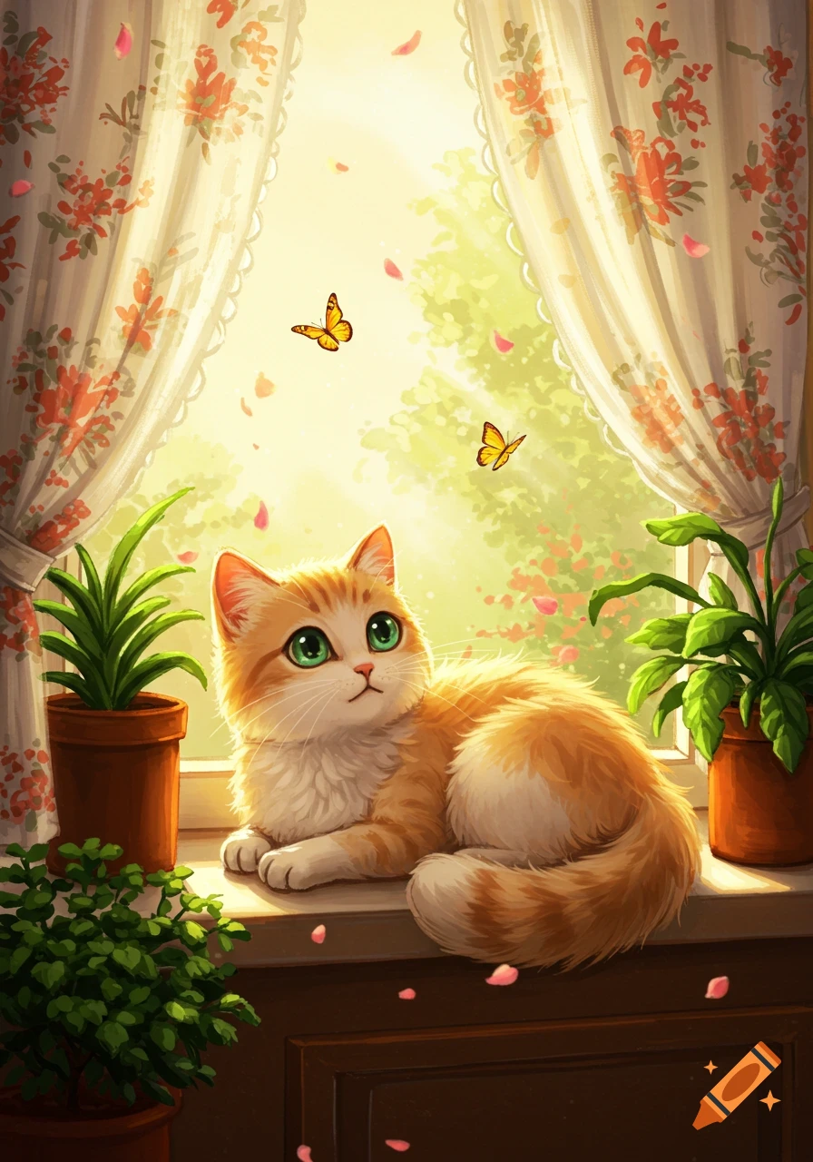 An illustrated ginger and white cat with green eyes lies on a sunny windowsill, surrounded by potted plants and floral curtains, looking at two butterflies outside.