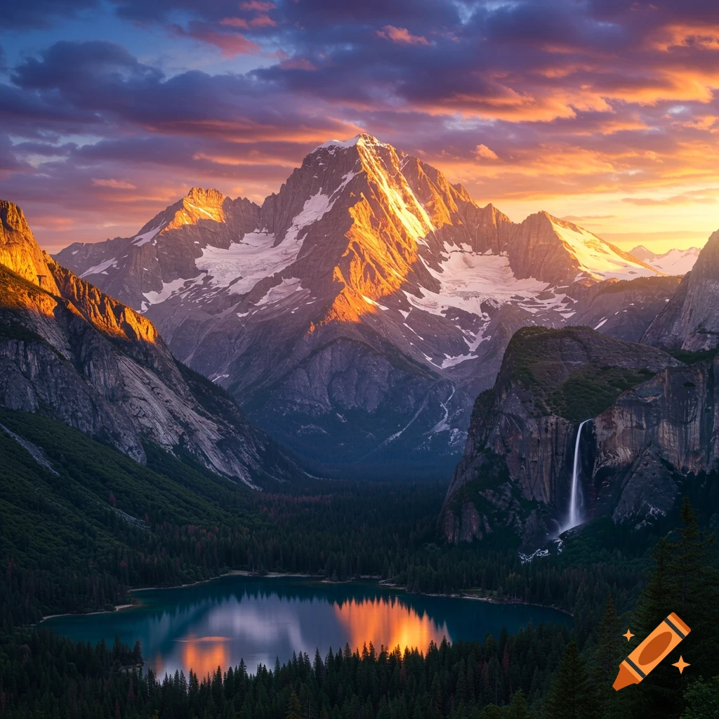 A vast photorealistic landscape with snow-capped mountains, a serene lake reflecting the vibrant sunset sky, and a waterfall.