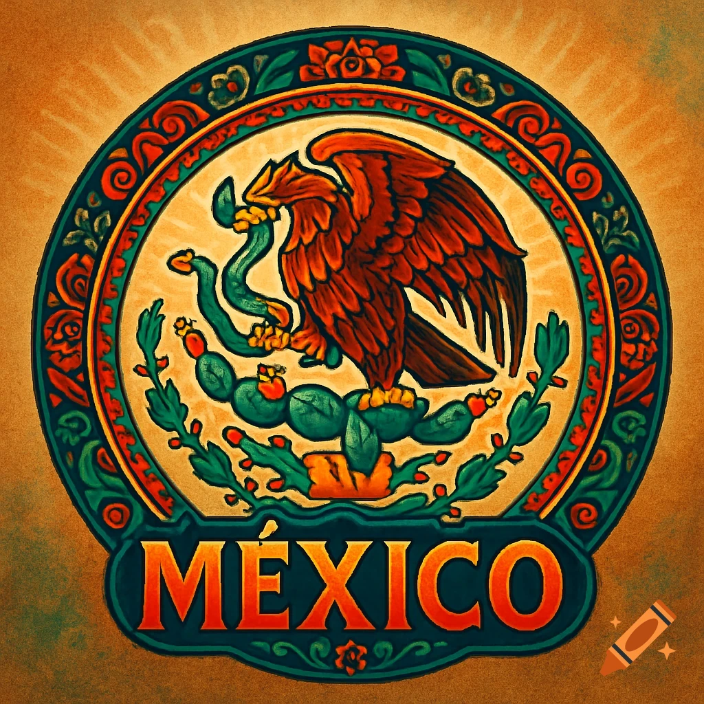A colorful, stylized Mexican emblem with an eagle on a cactus holding a snake, and the word 'MÉXICO' below.
