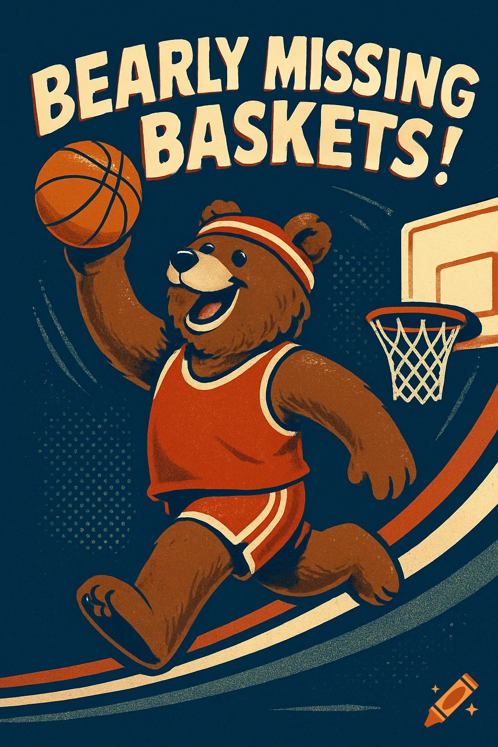 Retro graphic art of a happy brown bear playing basketball with the text 'BEARLY MISSING BASKETS!'.