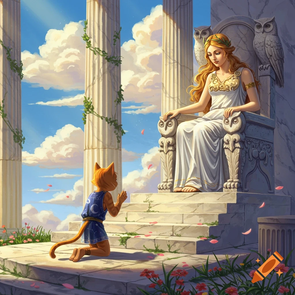 A kneeling orange cat-boy in blue robes bows before a blonde goddess on a throne in an ancient Greek temple, surrounded by pillars and clouds, in a fantasy illustration.
