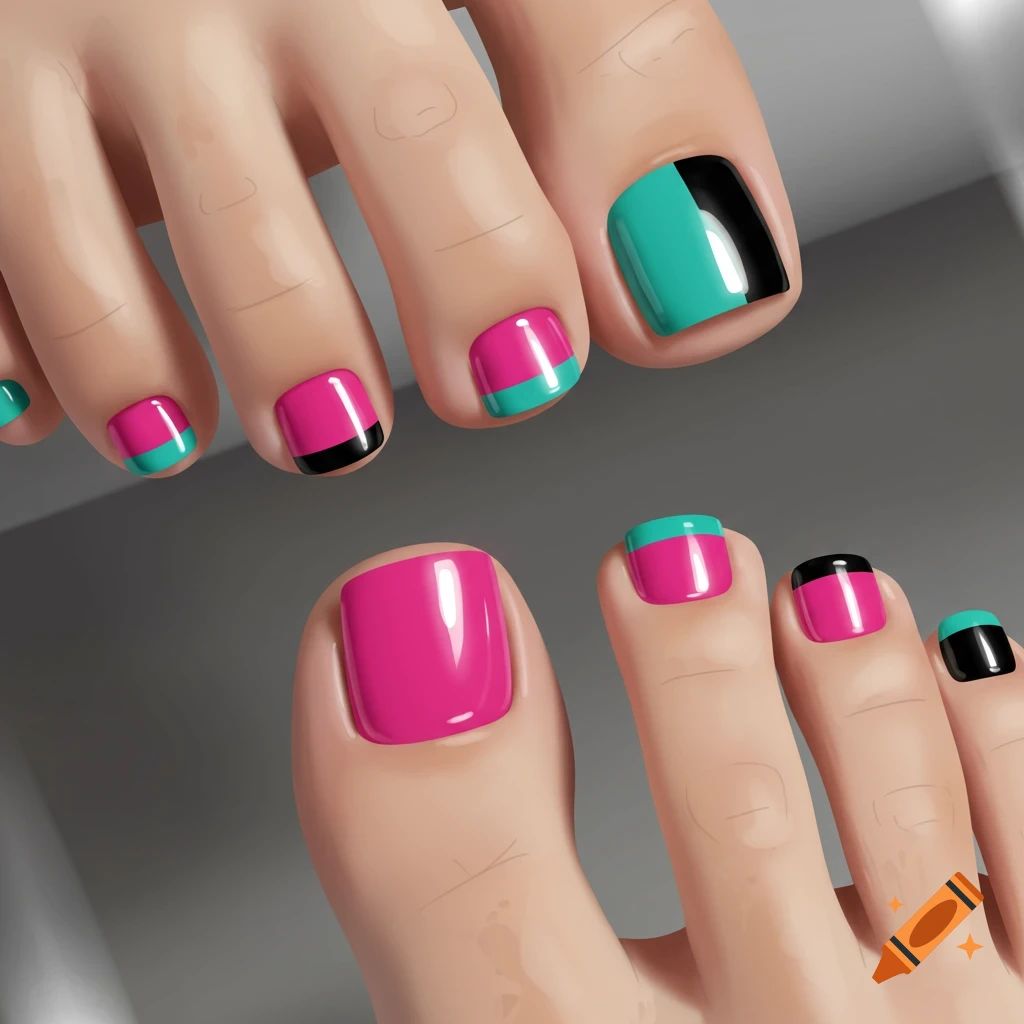 Close-up of feet with vibrant pink, teal, and black geometric pedicure.