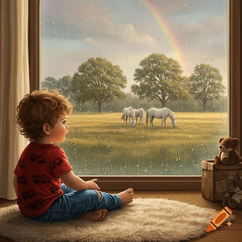 A young boy with curly brown hair sits on a furry rug, looking out a window at a rainy field with three white horses grazing and a faint rainbow.
