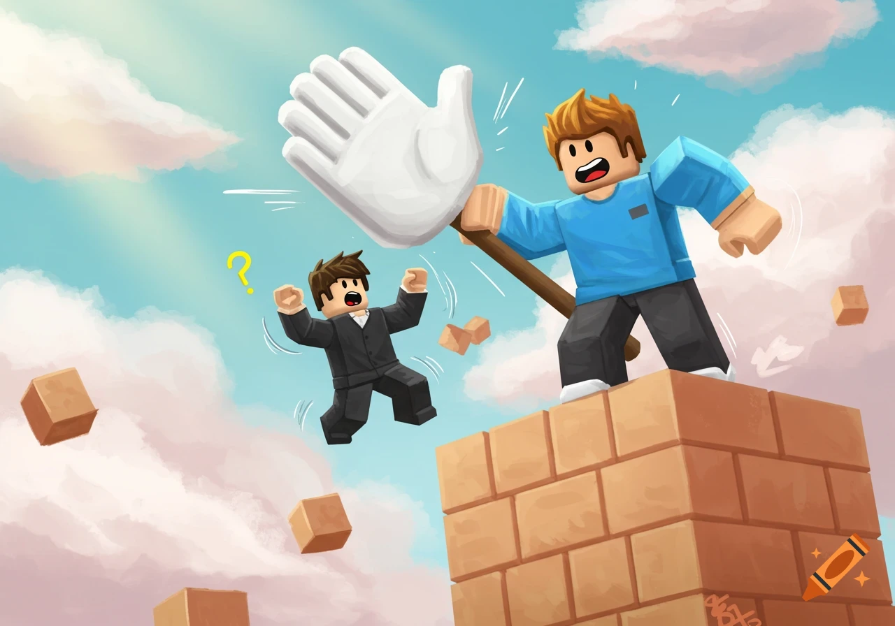 A large Roblox character in blue slaps a smaller Roblox character in a suit off a brick tower with a giant white hand on a stick, under a cloudy sky.