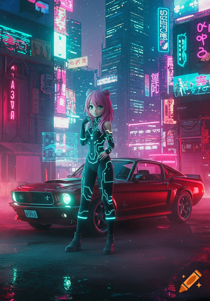 An anime character in a black glowing suit stands before a red Mustang GT in a neon-lit cyberpunk city at night.