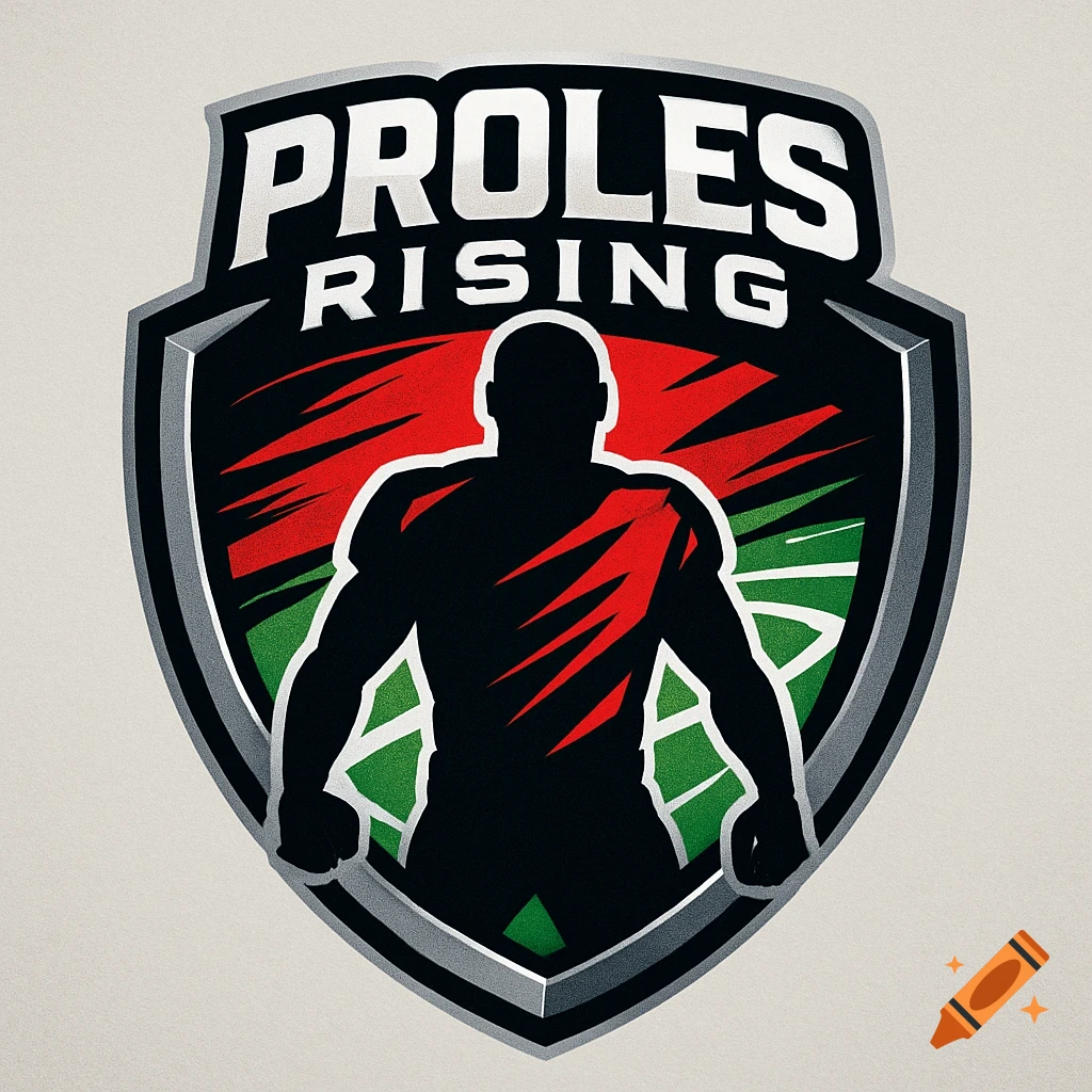 A shield-shaped logo featuring the silhouette of a muscular figure against a red and green background, with 'PROLES RISING' text above.