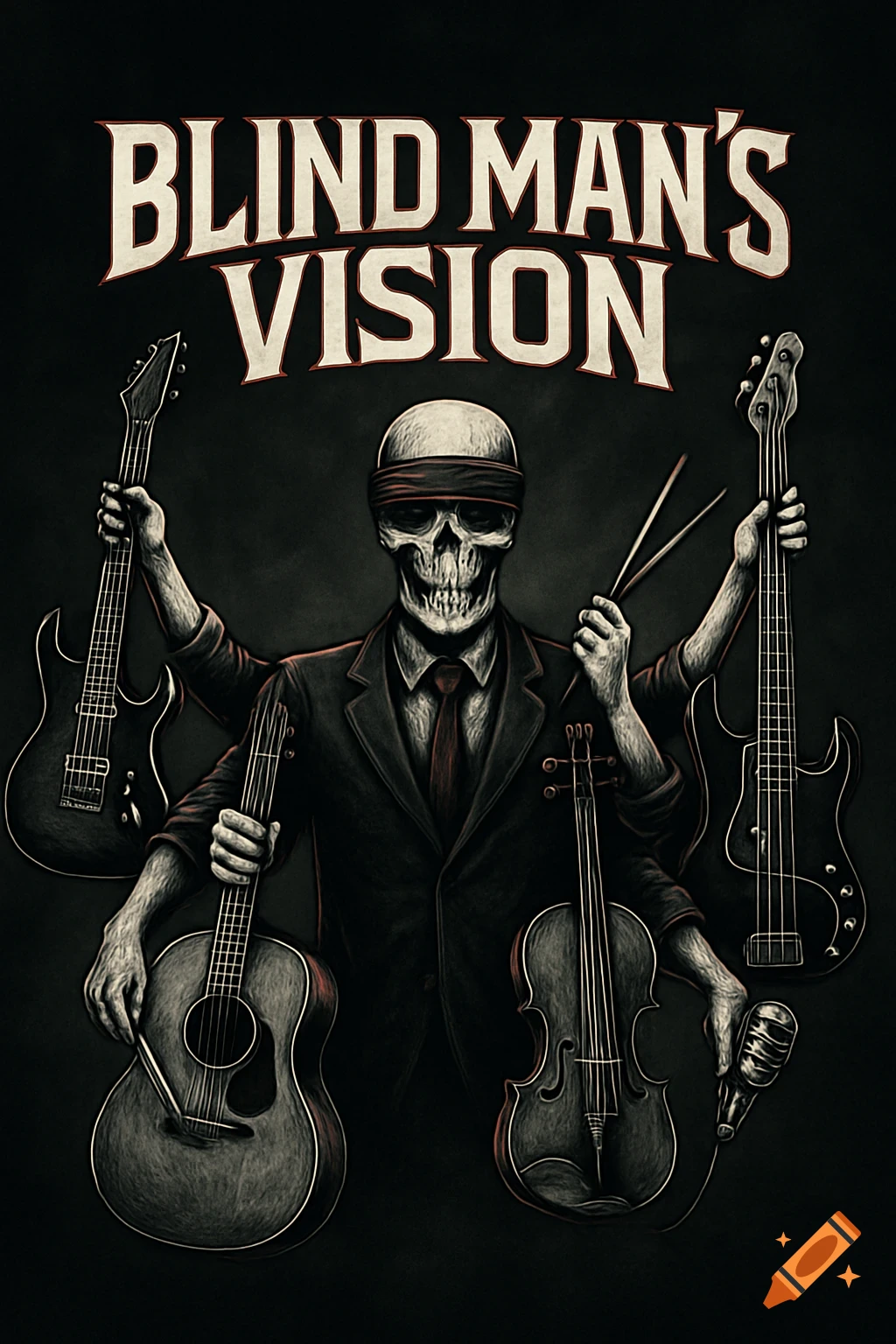 A stylized graphic of a blindfolded skull in a suit, with six arms holding various musical instruments, above the text 'BLIND MAN'S VISION'.