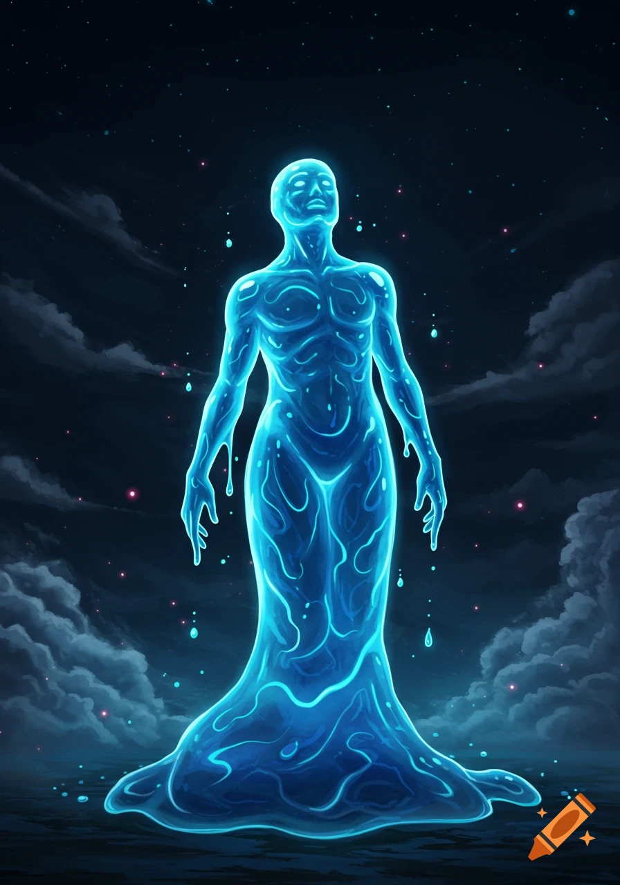 A glowing blue humanoid slime figure stands in a dark, starry landscape with clouds.