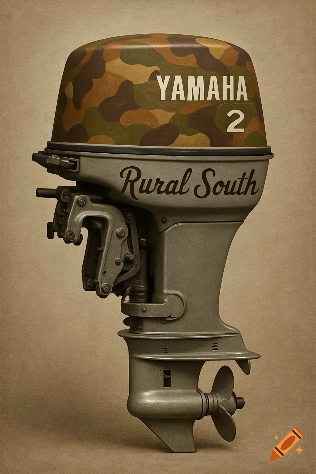 A vintage Yamaha 2-stroke outboard motor with a camouflage top cowl and 'Rural South' text, on a beige background.