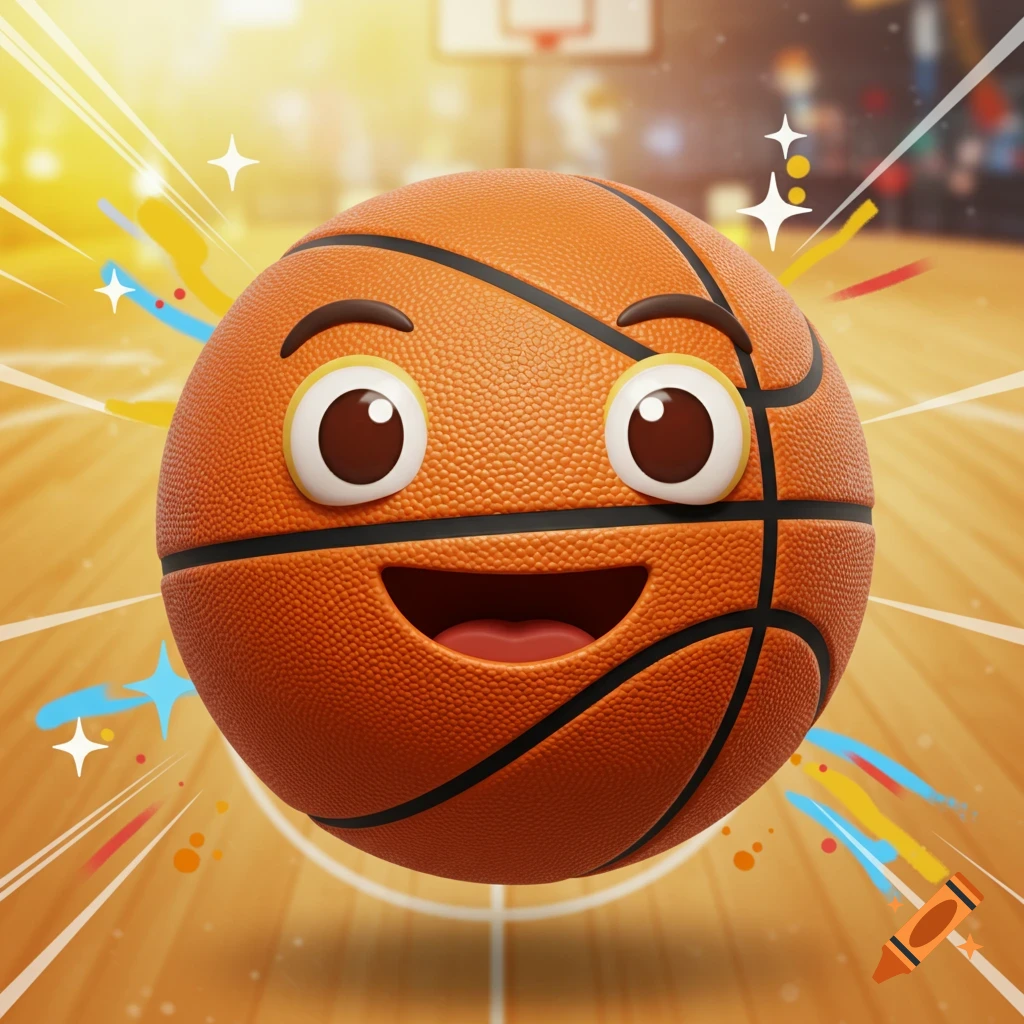 A happy, cartoon-style basketball with a smiling emoji face on a blurred basketball court background with bright, colorful speed lines and stars.