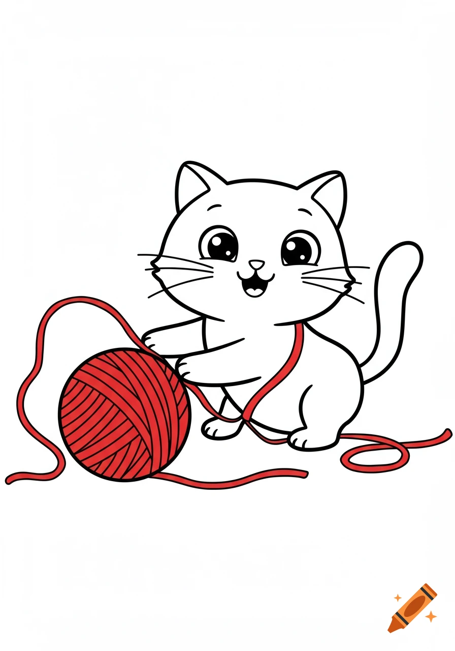 A cute cartoon white cat with large eyes and a smile plays with a bright red ball of yarn, depicted in bold line art on a white background.