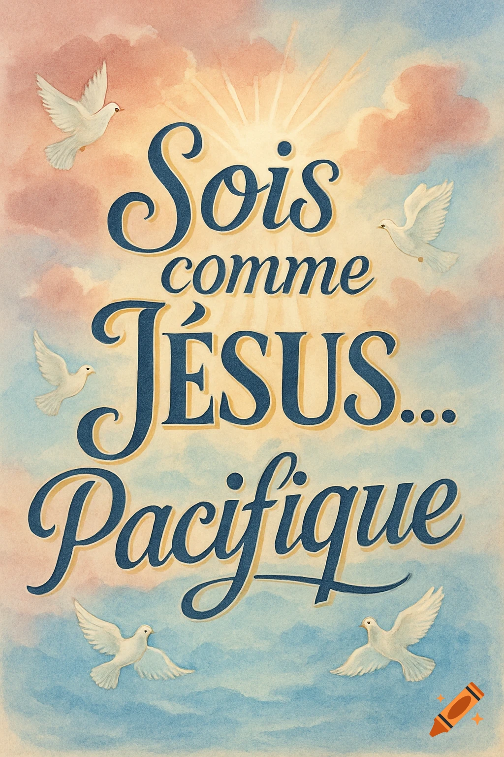 Watercolor-style religious illustration with French text 'Sois comme JÉSUS... Pacifique' surrounded by white doves in a cloudy sky.