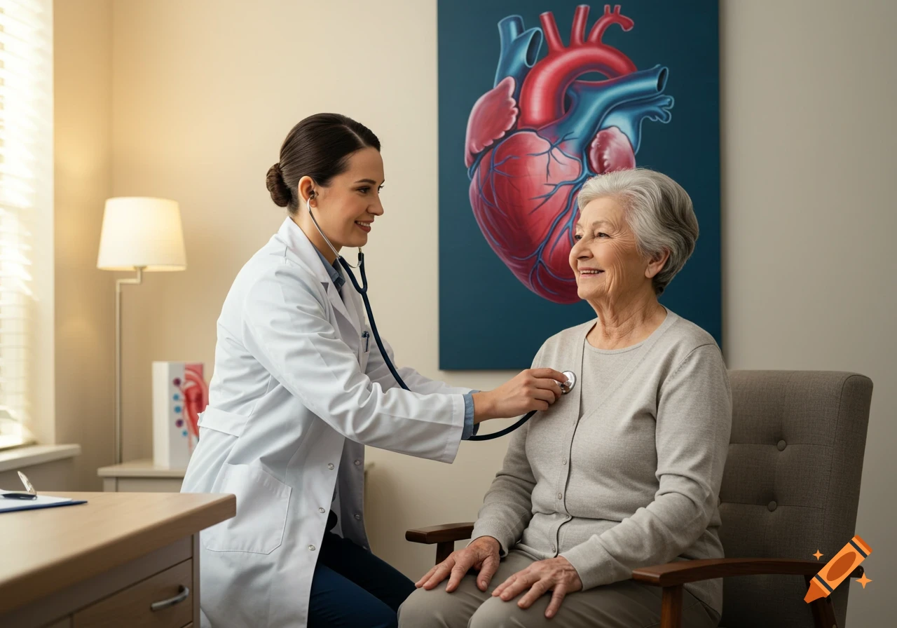 A female doctor listens to an elderly woman's heartbeat with a stethoscope in a medical examination room.