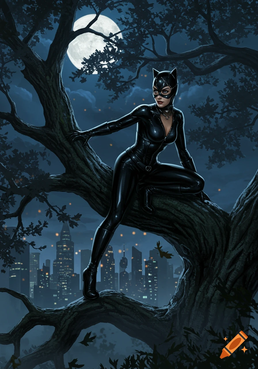 An illustration of Catwoman in her black catsuit, perched on a tree branch at night with a full moon and city skyline in the background.