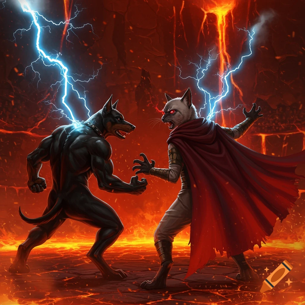 A muscular anthropomorphic doberman battles a siamese cat with a red cape and glowing eyes, surrounded by lava and lightning.